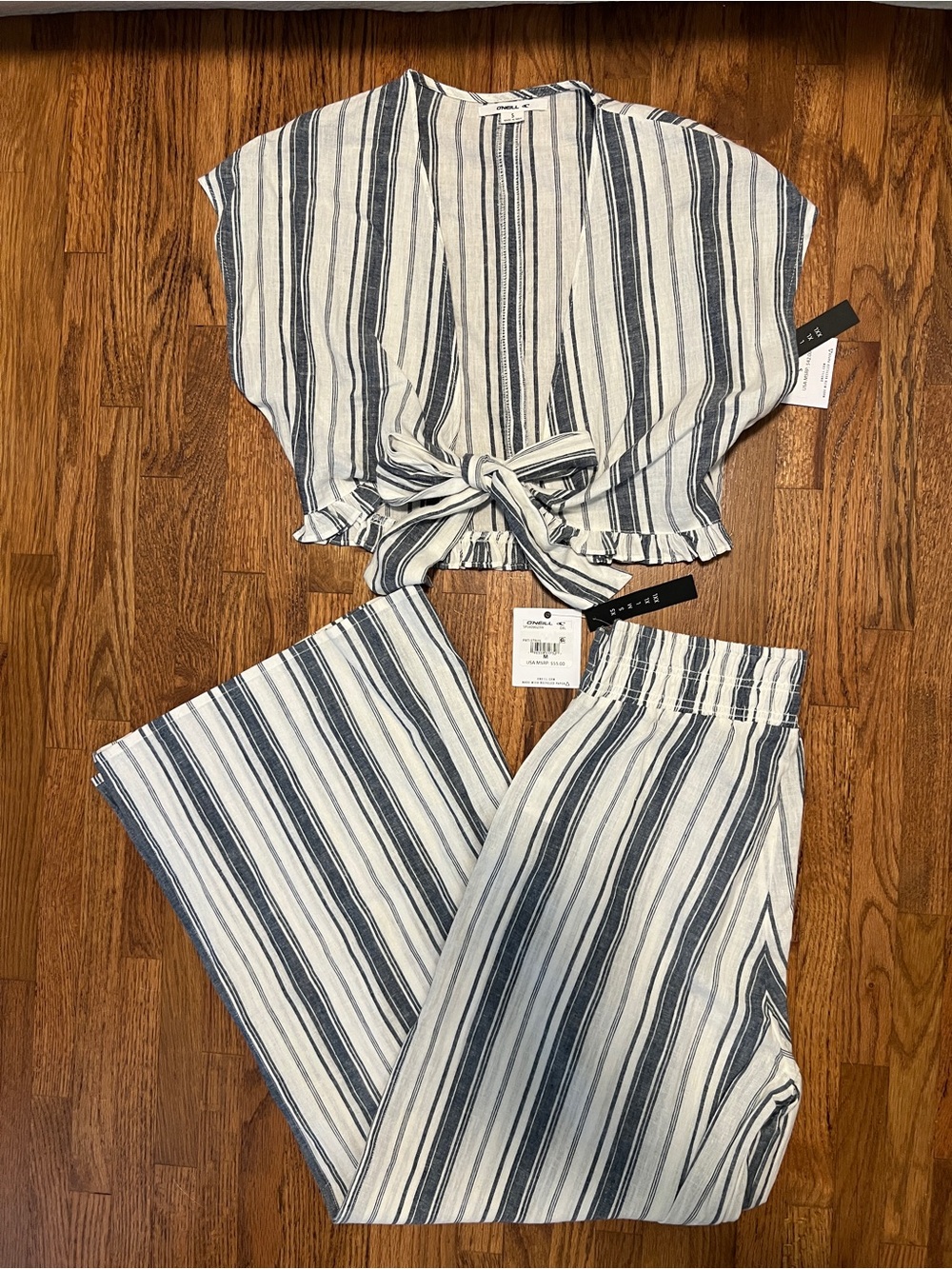 O'Neill Navy and White Striped Tie-Front Top with Wide-Leg Pants